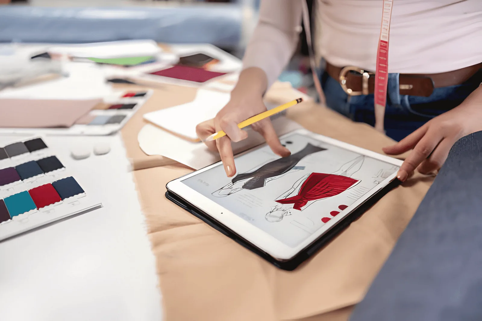 Designer reviewing a garment design on a tablet with fabric swatches while preparing a cost quotation