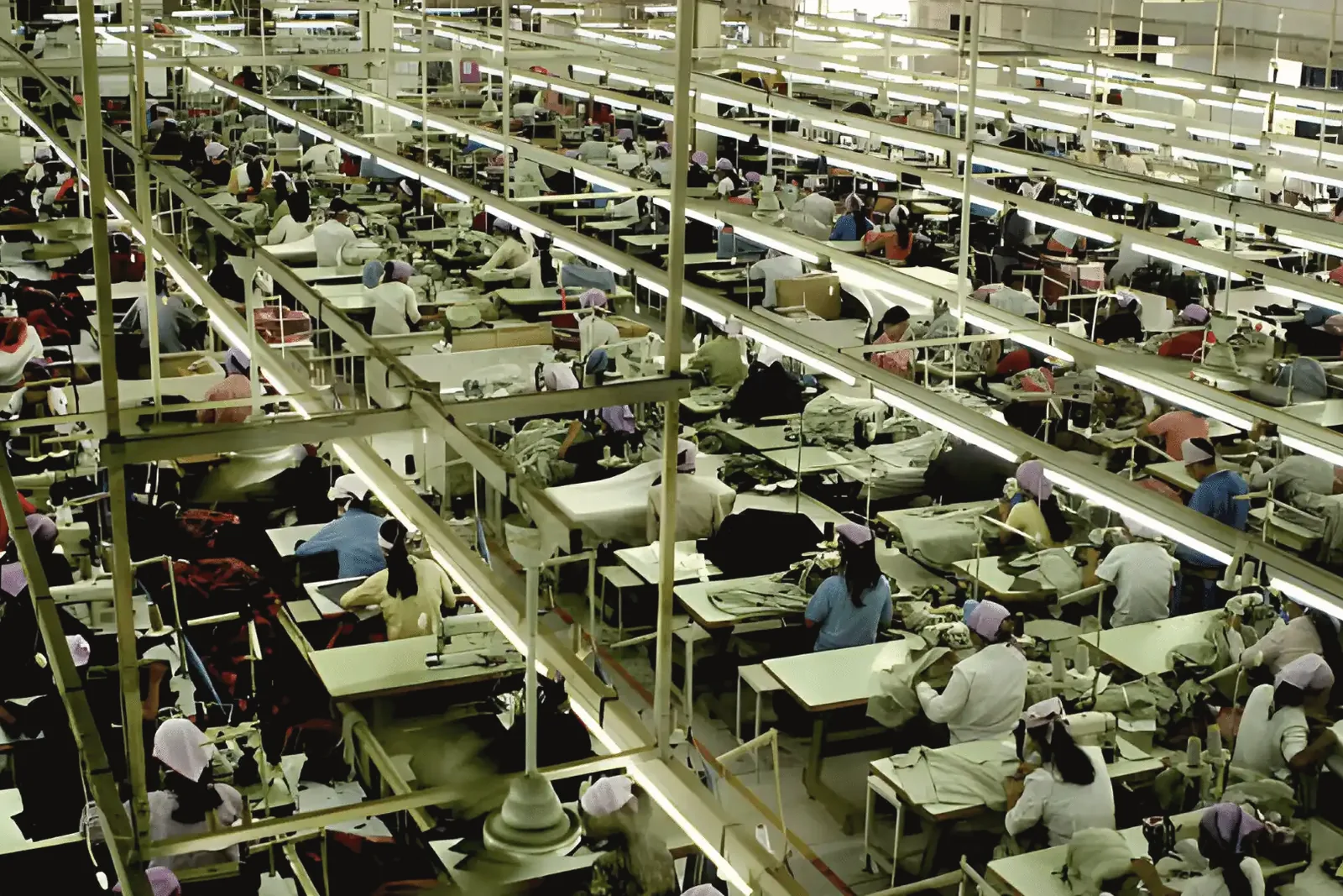 Large garment production floor with rows of sewing machines