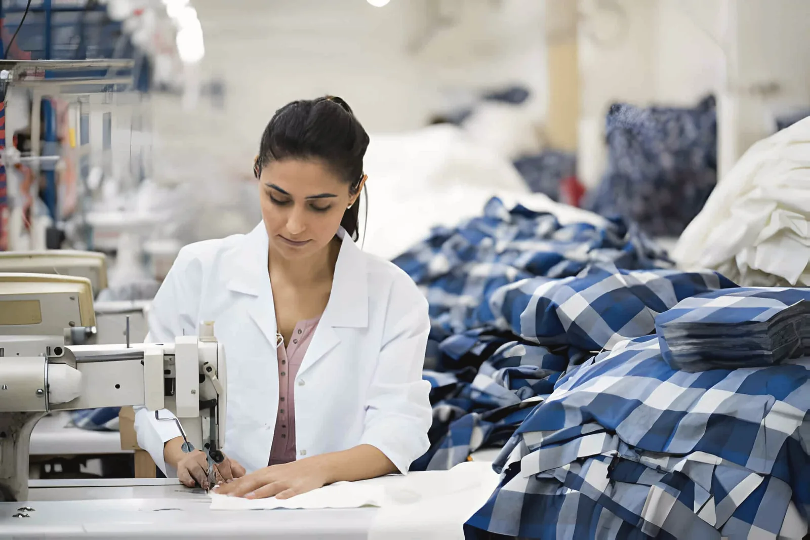 Seamstress sewing a checked shirt at an industrial sewing machine in a cut and sew workshop