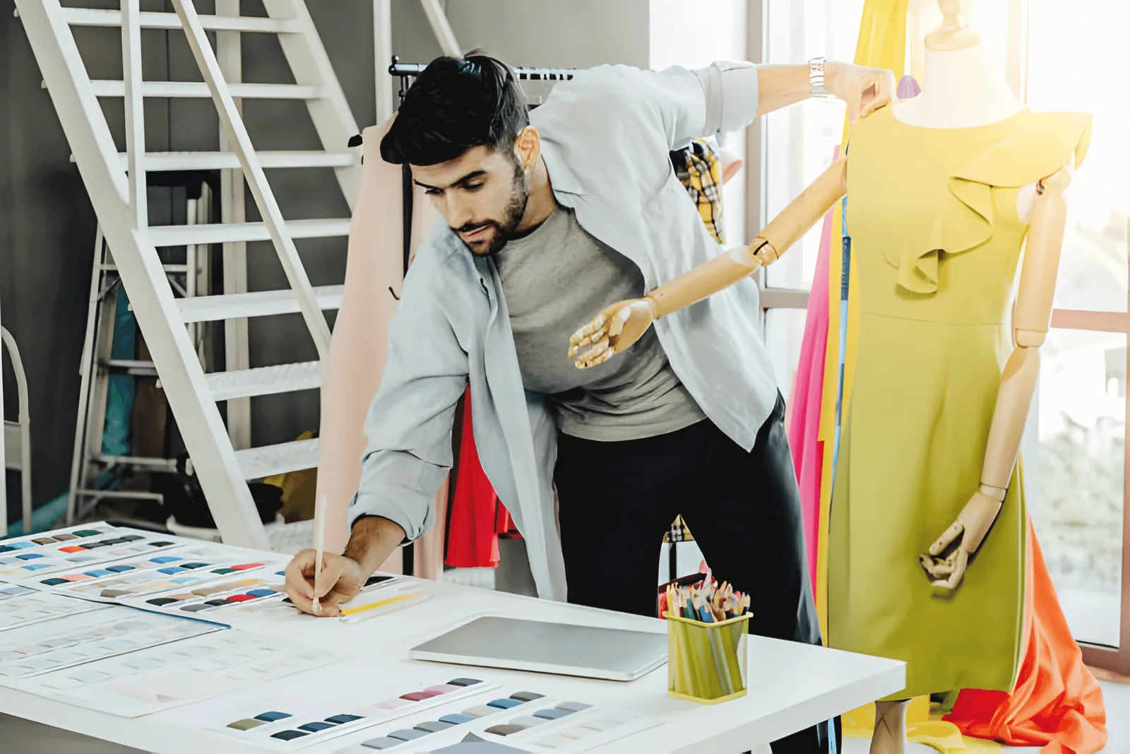 Designer adjusting a dress sample on a mannequin in an Istanbul garment studio