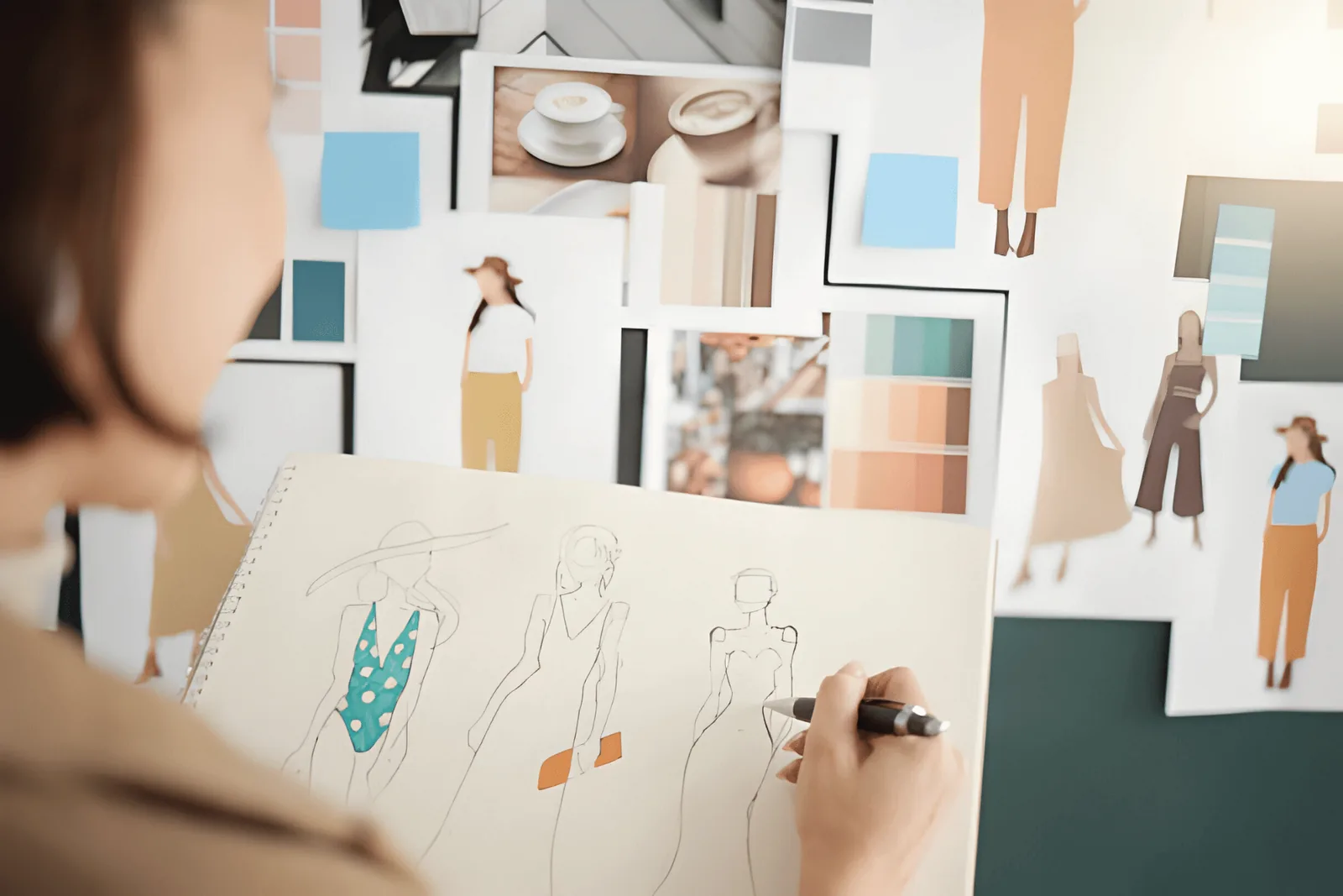 Fashion designer sketching garment designs next to a moodboard of fabric swatches