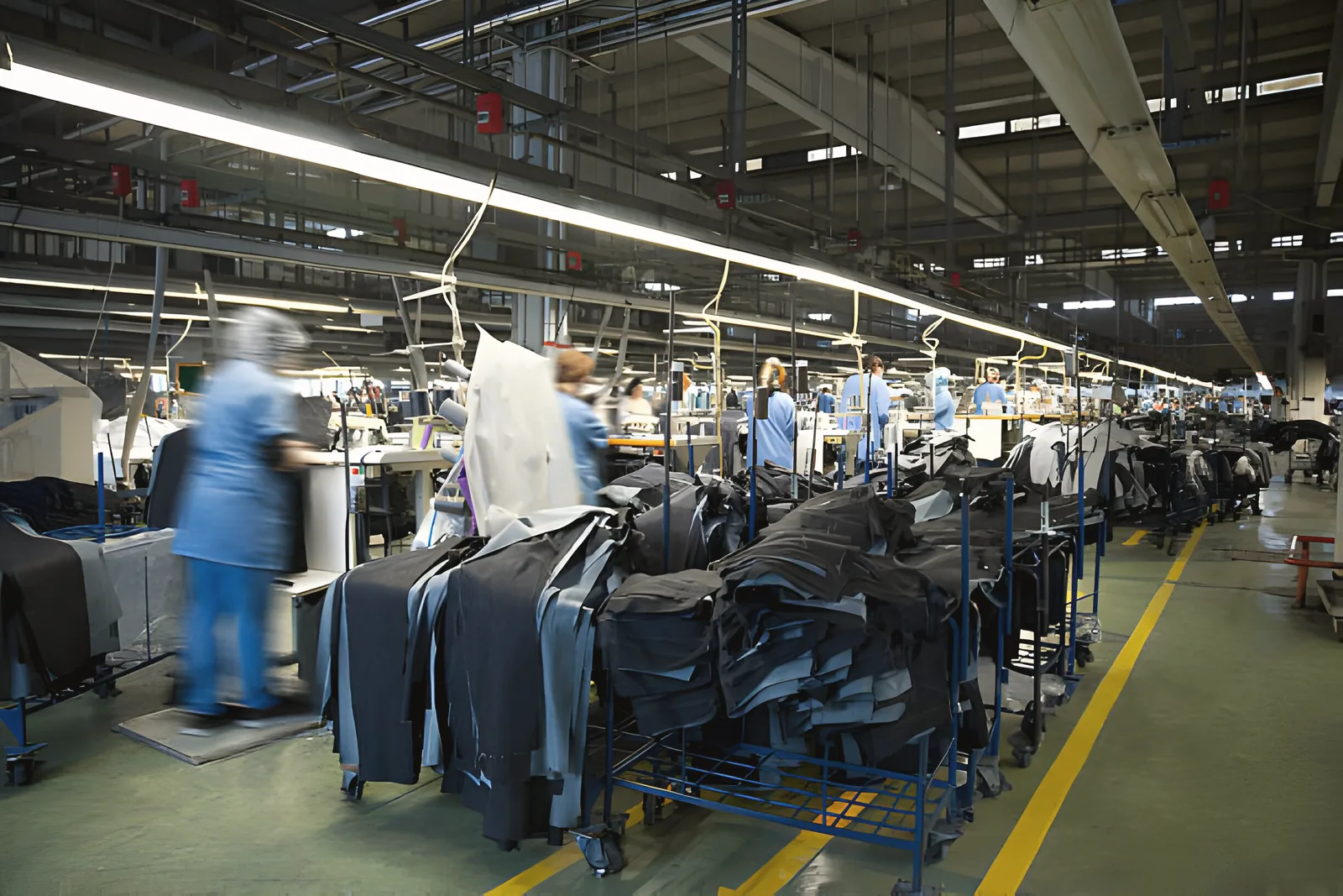 Garment factory floor with sewing lines and finished clothing on rails in Turkey