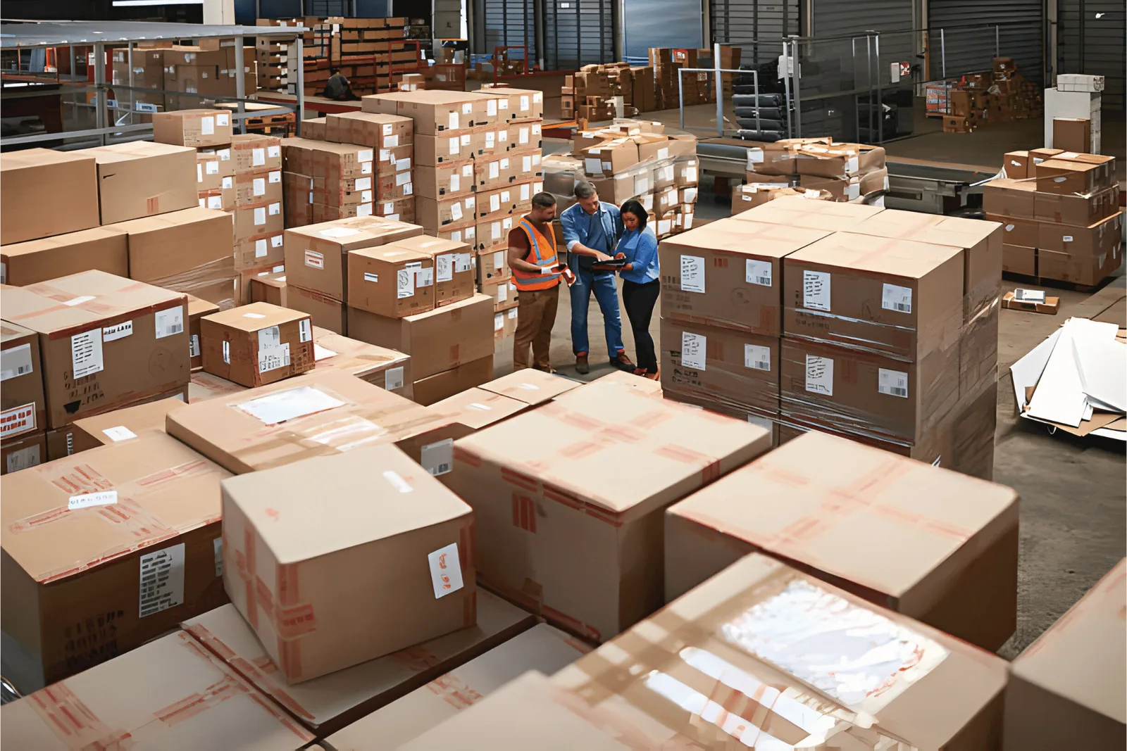 Warehouse with stacked cartons of finished clothing ready for international shipping