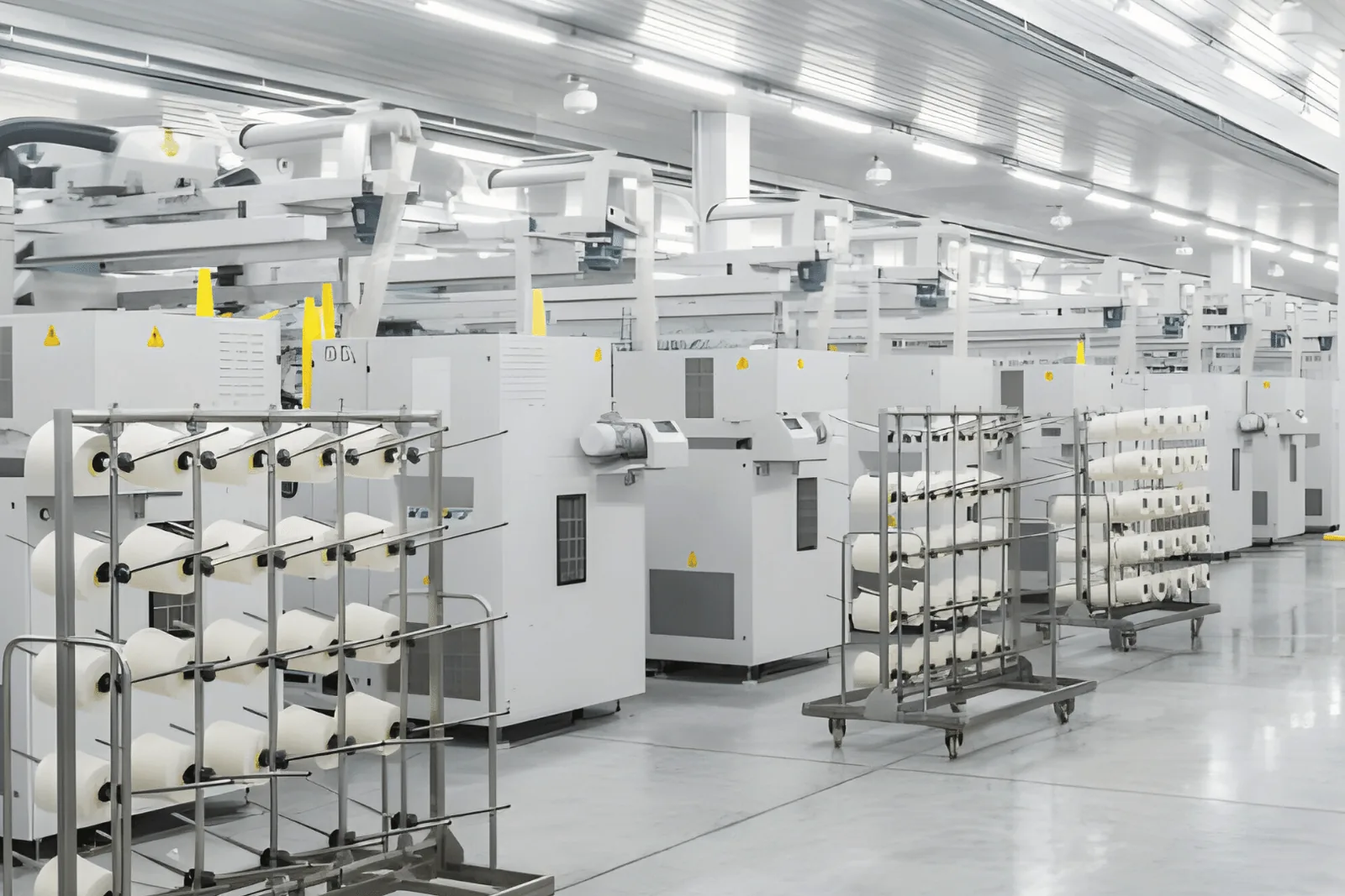 Circular knitting machines with cotton yarn cones in a textile mill