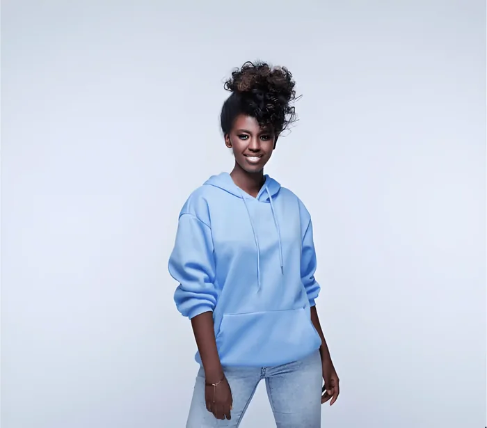 Model wearing a light blue hoodie