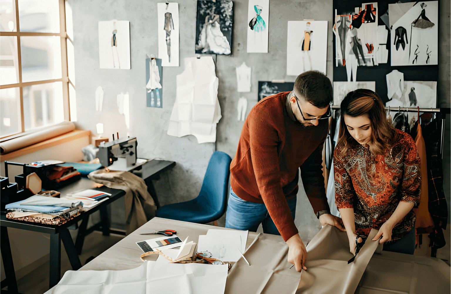 A woman and a man are designing clothes