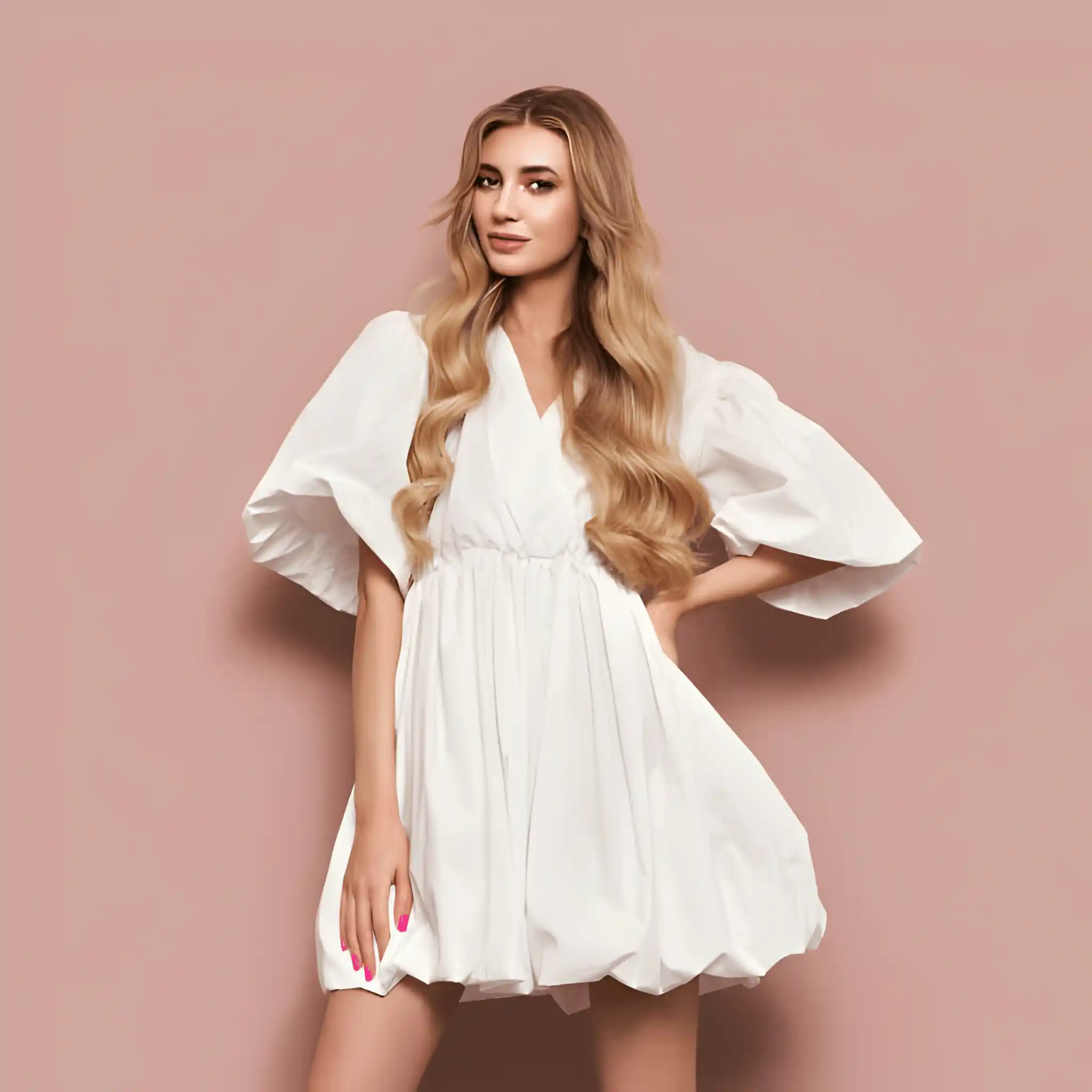 Female model wearing a white dress.