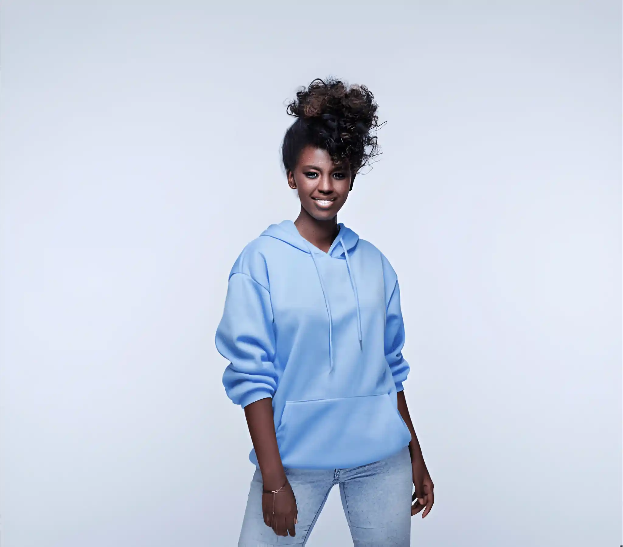A black female model wearing a blue hooded outfit.